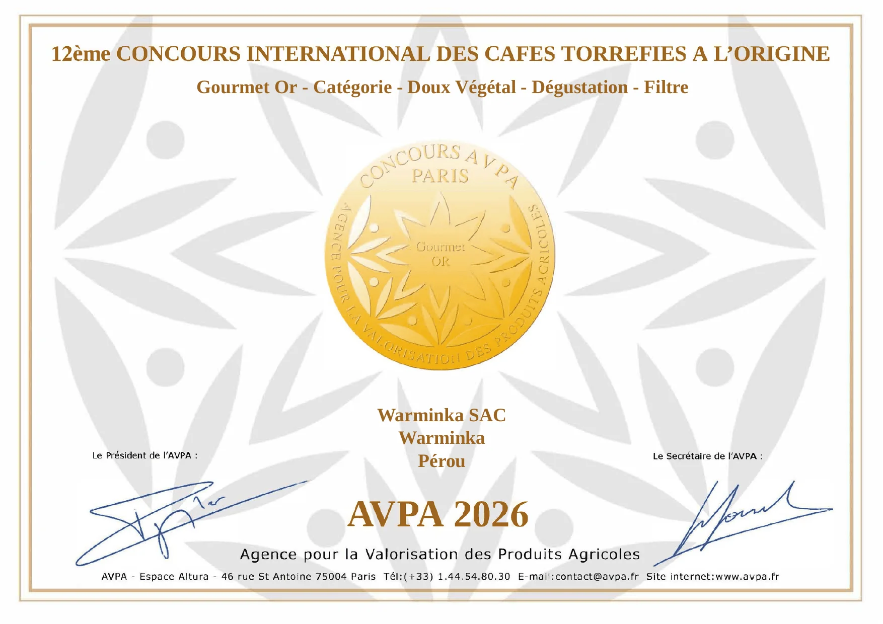 Certificado Medalla de Oro AVPA París